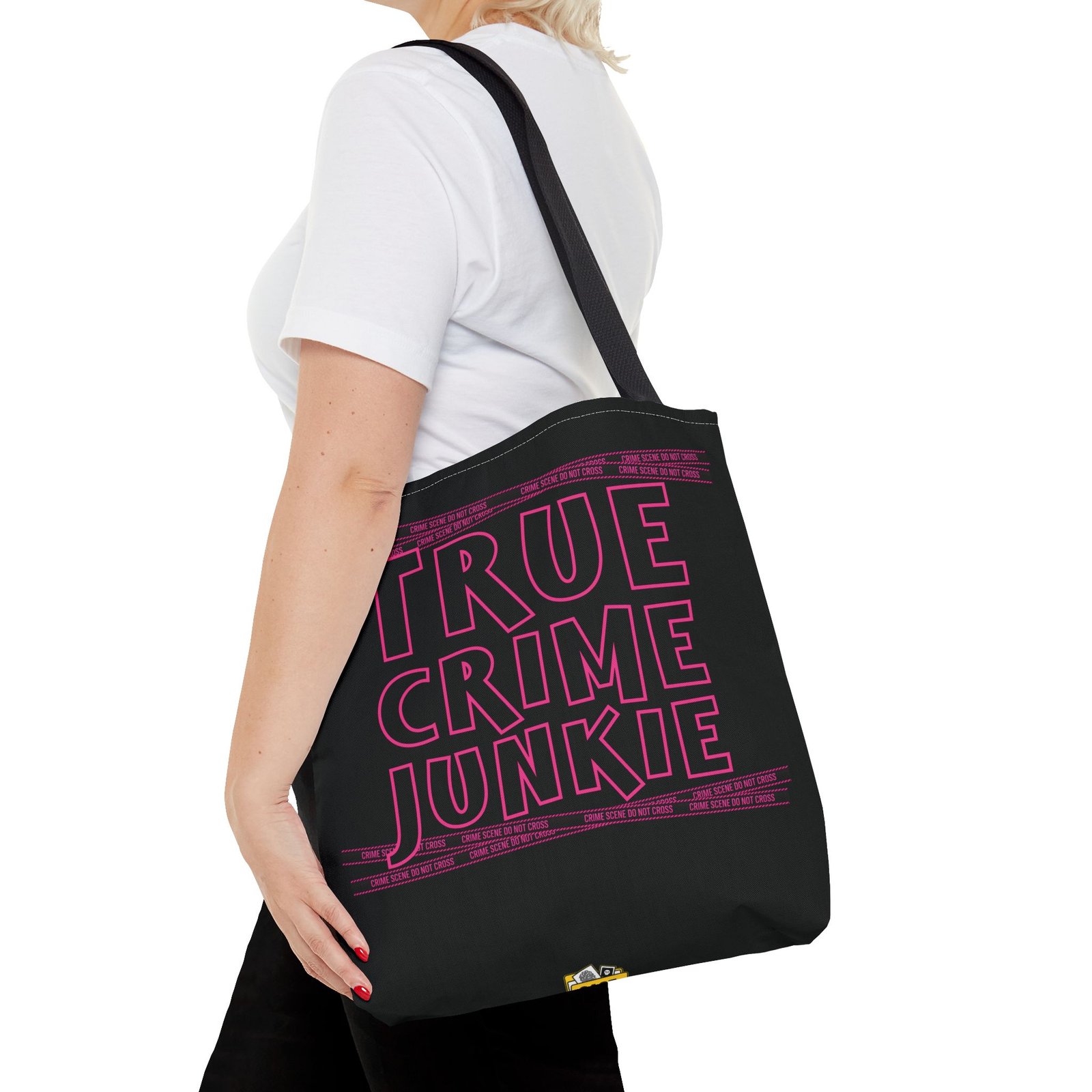 Tote Bag - Pink on Black - 'True Crime Junkie' - 'Crime Scene' and 'Do Not Cross' on True Crime Scene Tape - Image 8