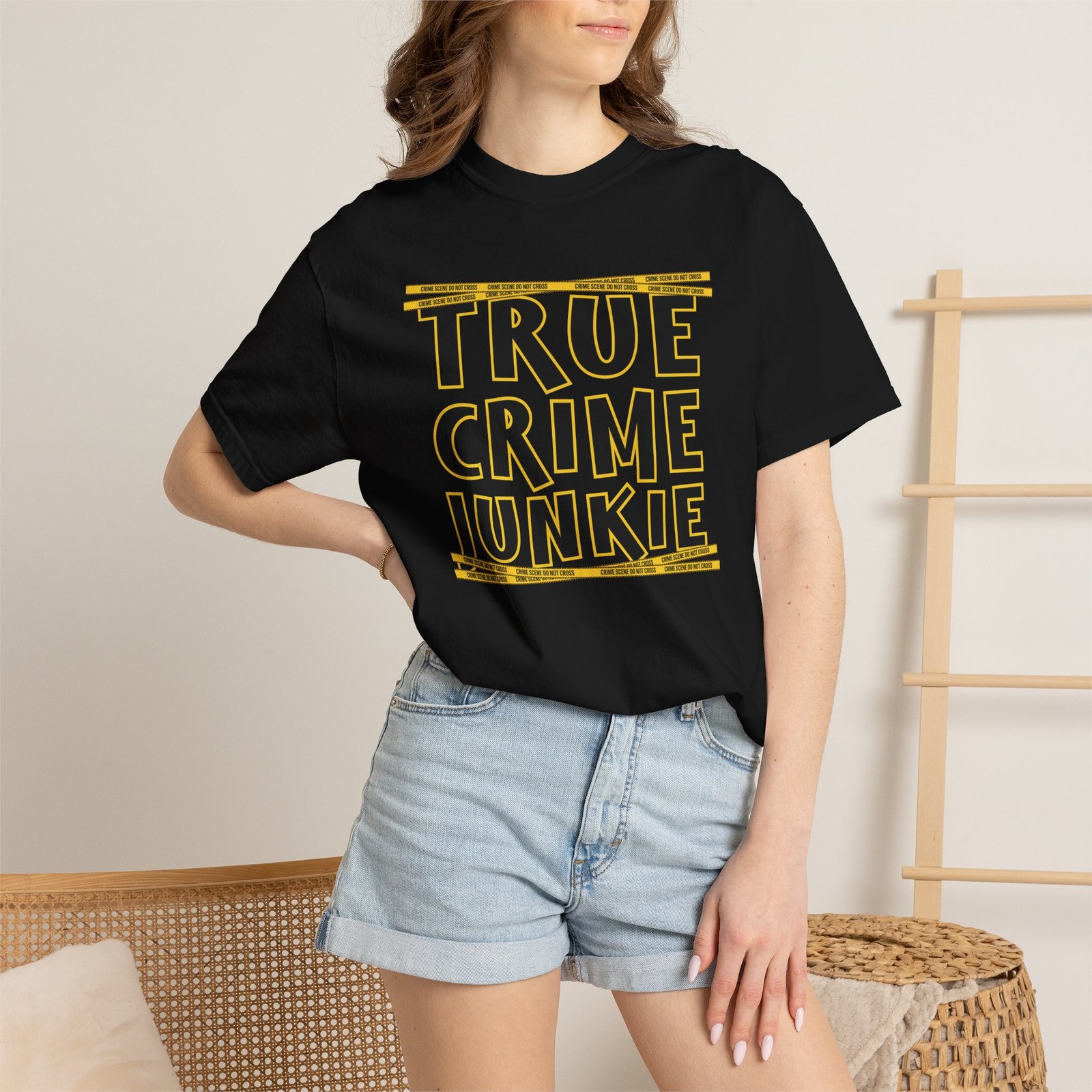 True Crime Junkie Tee - Crime Scene Tape T-Shirt - Comfort Colors 1717 - Outlaw Babes