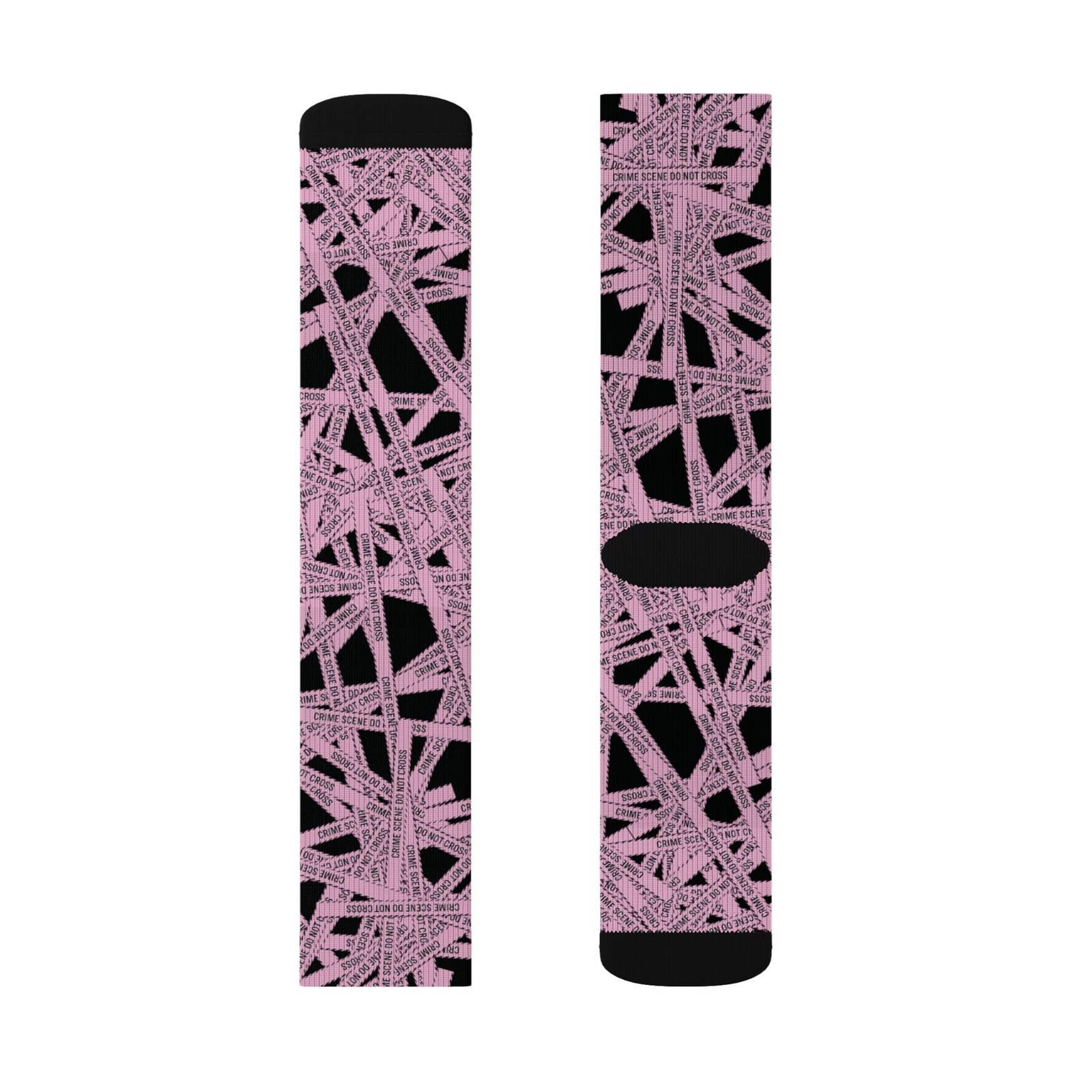 True Crime Scene Tape Pattern Socks - Black & Light Pink Novelty Crew Socks - Image 13