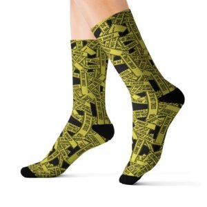 True Crime Scene Tape Pattern Socks - Black & Yellow Novelty Crew Socks