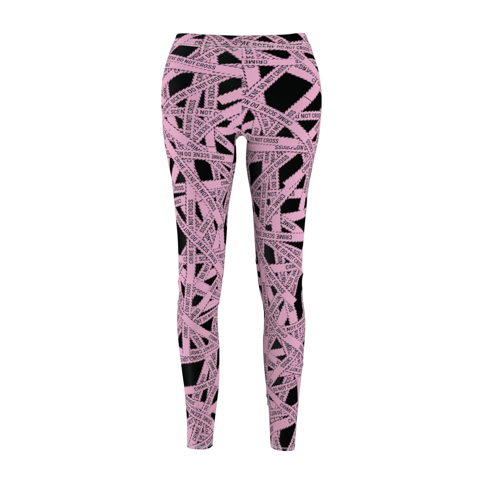 Women's Printed Leggings - Black All-Over with Light Pink True 'Crime Scene' Tape Pattern - 'Do Not Cross' - Image 4