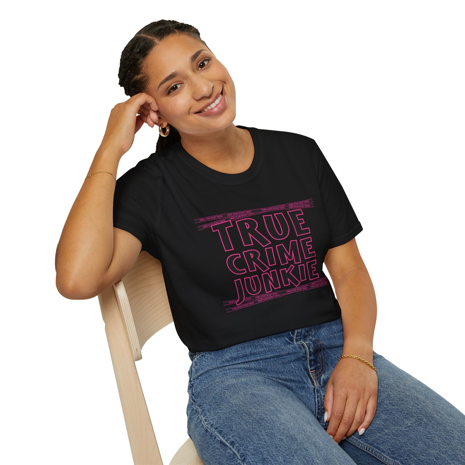True Crime Junkie T-Shirt - Crime Scene Tape Tee - Do Not Cross - Black and Pink - Outlaw Babes