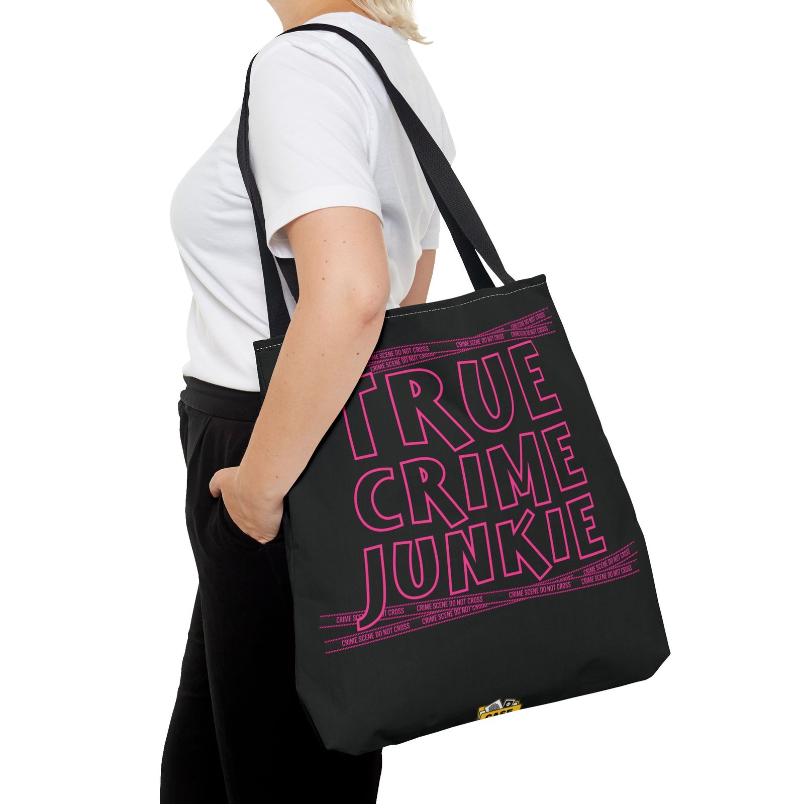 Tote Bag - Pink on Black - 'True Crime Junkie' - 'Crime Scene' and 'Do Not Cross' on True Crime Scene Tape - Image 10