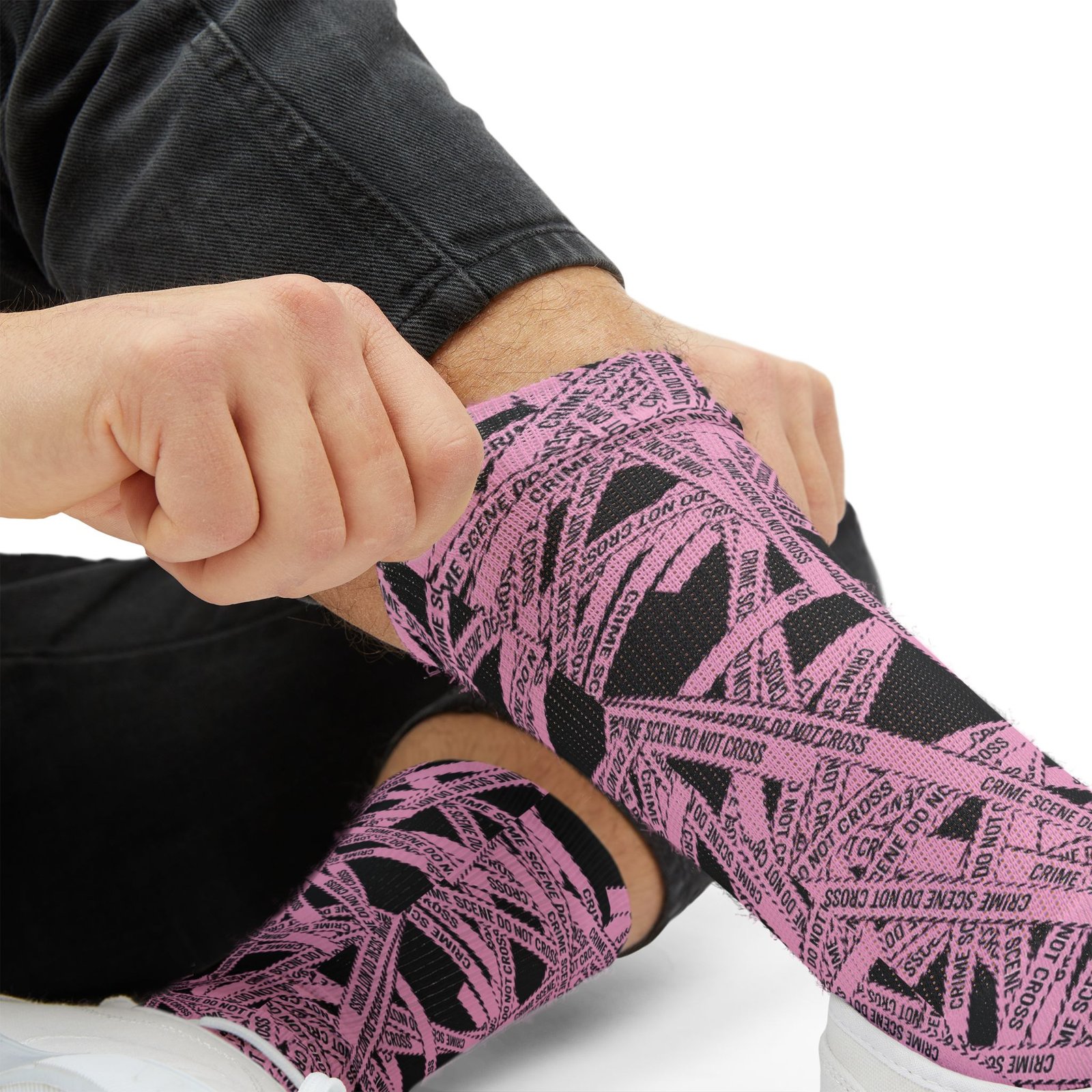 True Crime Scene Tape Pattern Socks - Black & Light Pink Novelty Crew Socks - Image 4