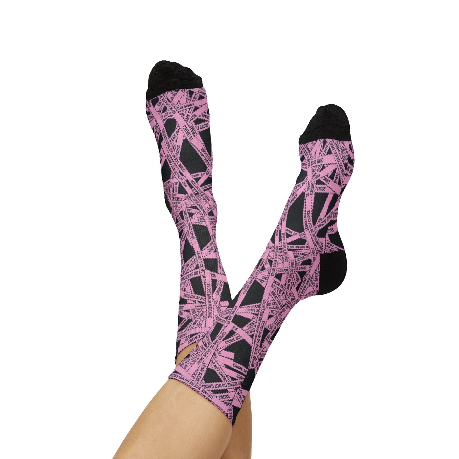 True Crime Scene Tape Pattern Socks - Black & Light Pink Novelty Crew Socks - Image 7