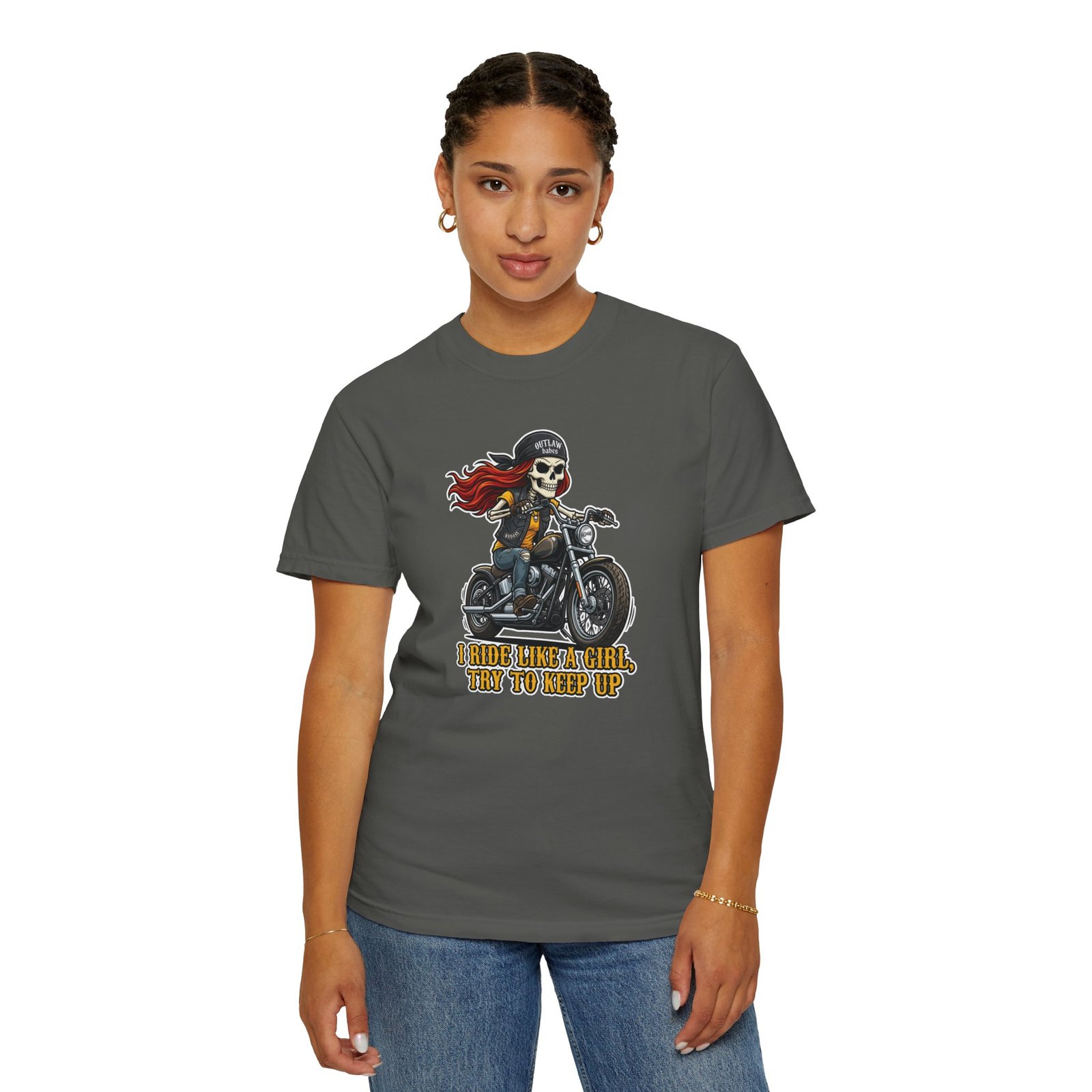 Skeleton Girl Tee - 'I Ride Like a Girl, Try to Keep Up' - Comfort Colors 1717 - Outlaw Babes T-Shirt - Image 3