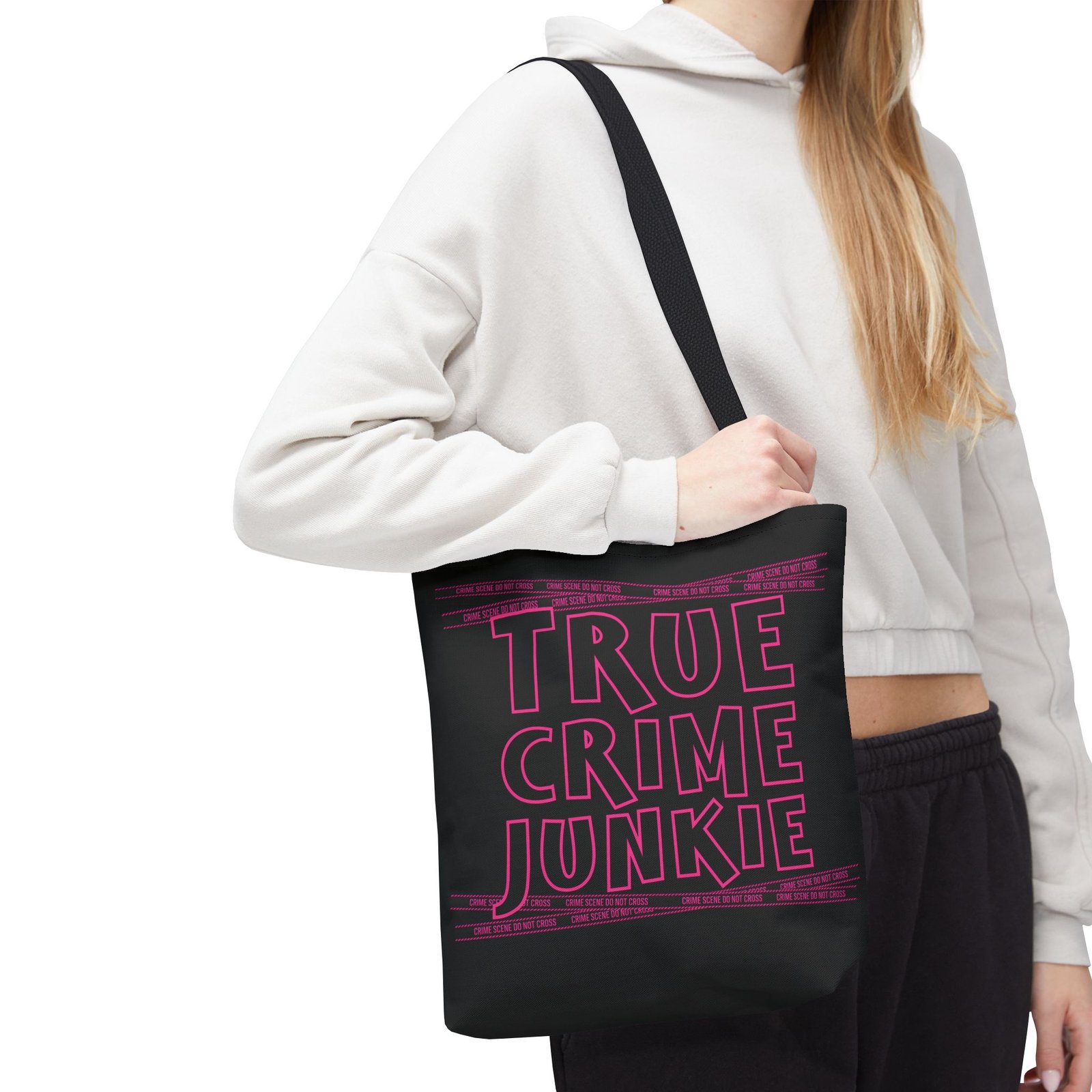 Tote Bag - Pink on Black - 'True Crime Junkie' - 'Crime Scene' and 'Do Not Cross' on True Crime Scene Tape - Image 2