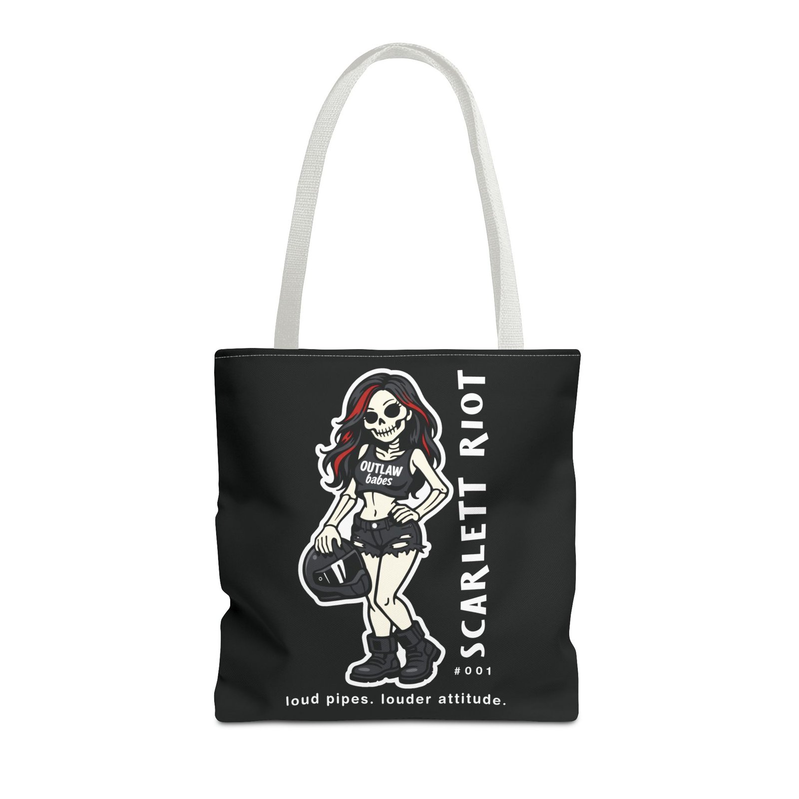 Tote Bag - Scarlett Riot #001 - 'loud pipes.louder attitude' - Skeleton Doll Wearing a Ball Cap - Collectible - Image 10