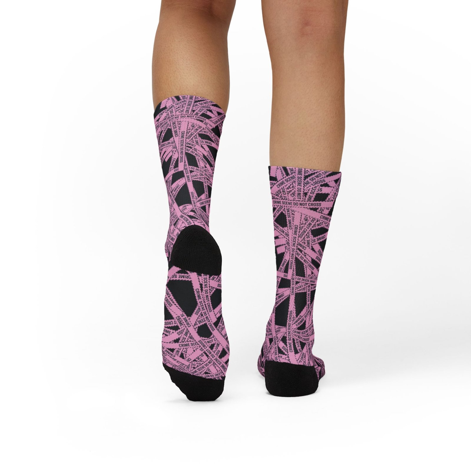 True Crime Scene Tape Pattern Socks - Black & Light Pink Novelty Crew Socks