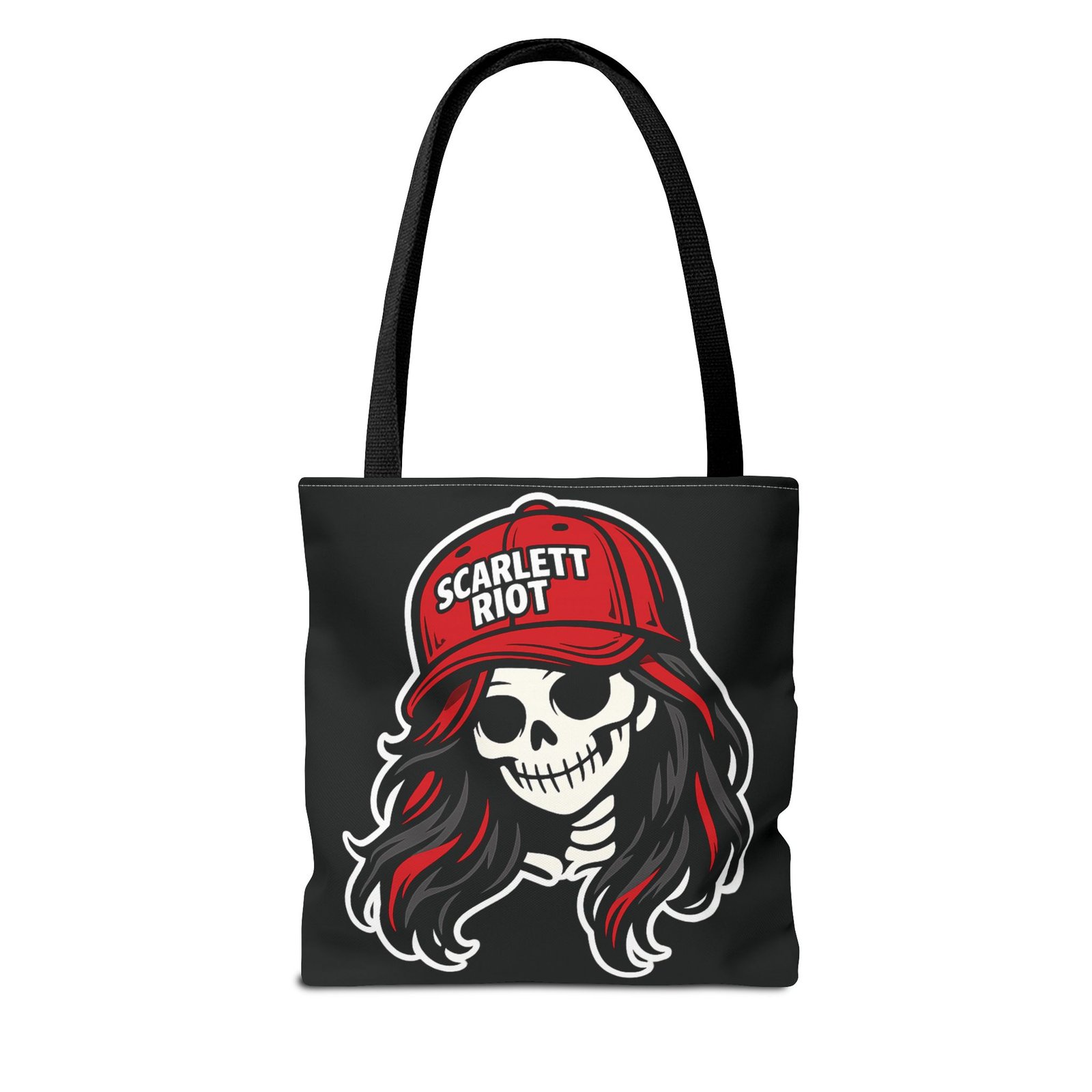 Tote Bag - Scarlett Riot #001 - 'loud pipes.louder attitude' - Skeleton Doll Wearing a Ball Cap - Collectible - Image 2
