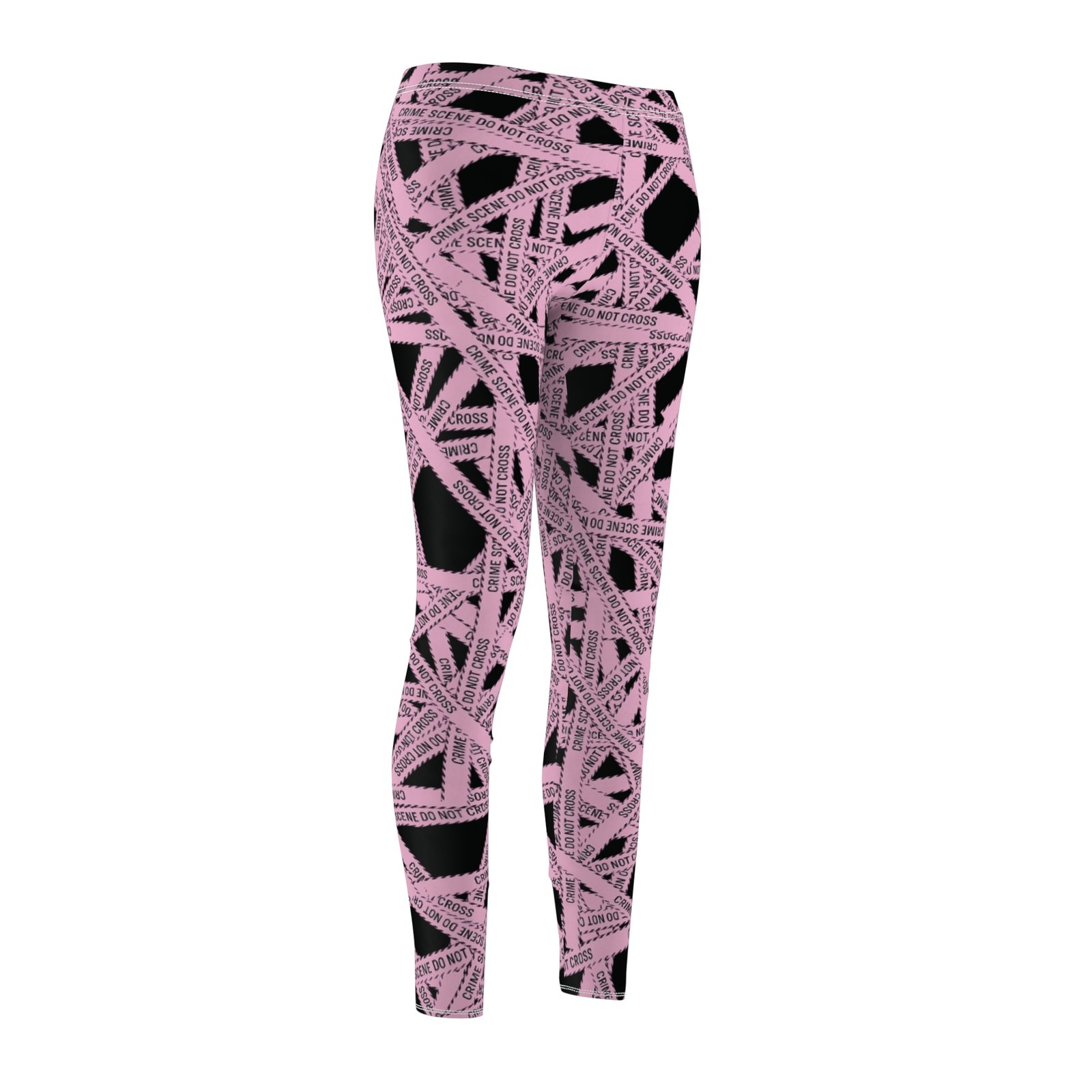 Women's Printed Leggings - Black All-Over with Light Pink True 'Crime Scene' Tape Pattern - 'Do Not Cross' - Image 6