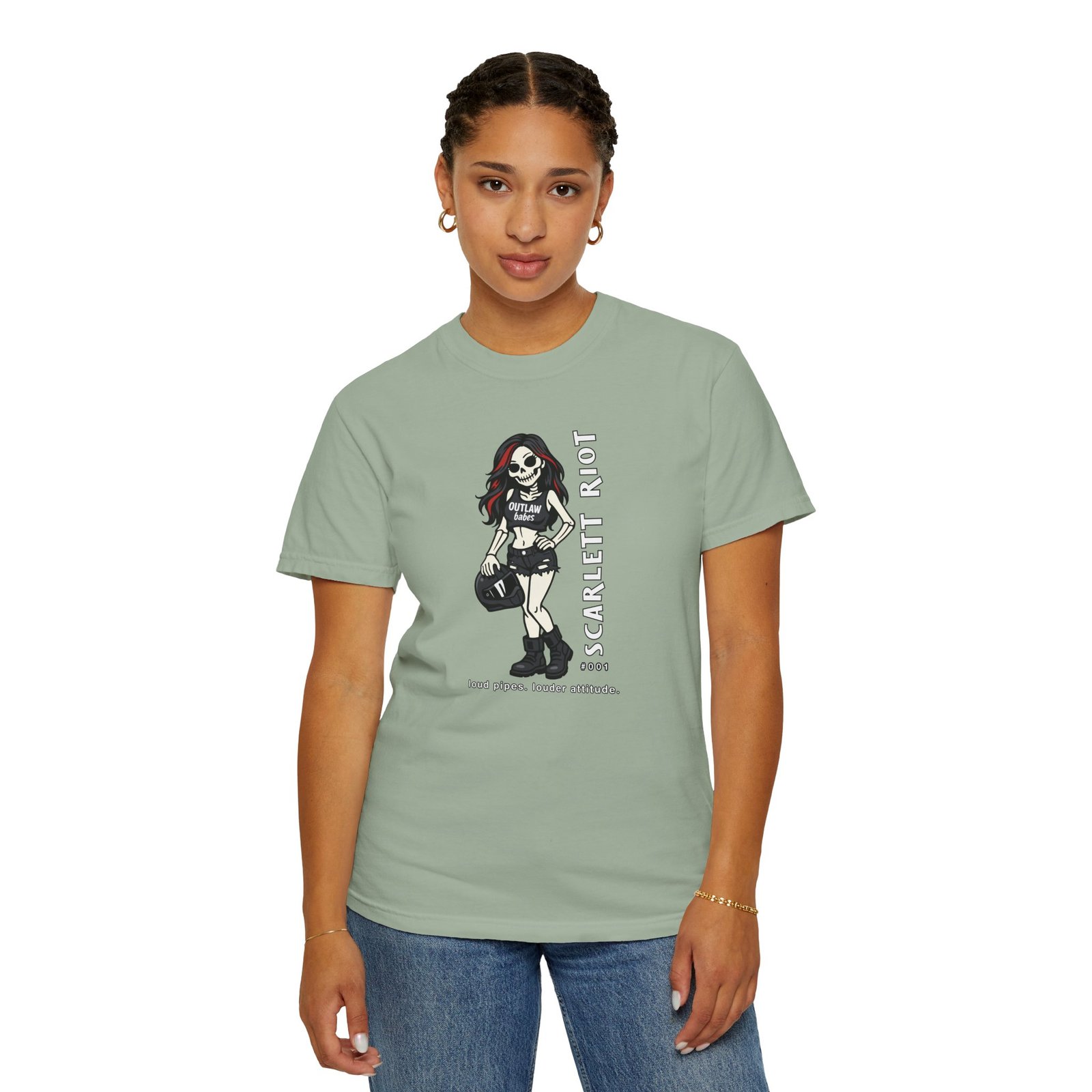 Scarlett Riot #001 - Skeleton Girl Collectible Tee - 'loud pipes. louder attitude' - Comfort Colors 1717 - Outlaw Babes T-Shirt - Image 6