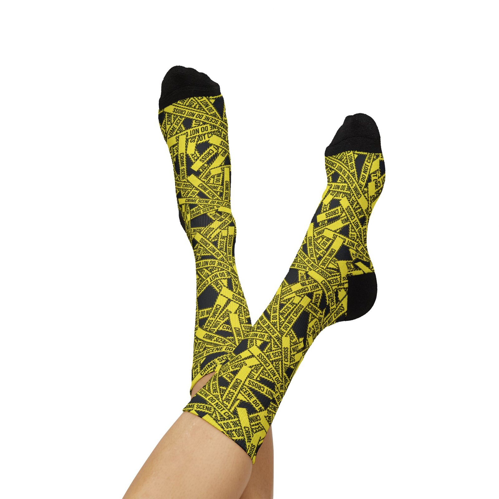 True Crime Scene Tape Pattern Socks - Black & Yellow Novelty Crew Socks - Image 3