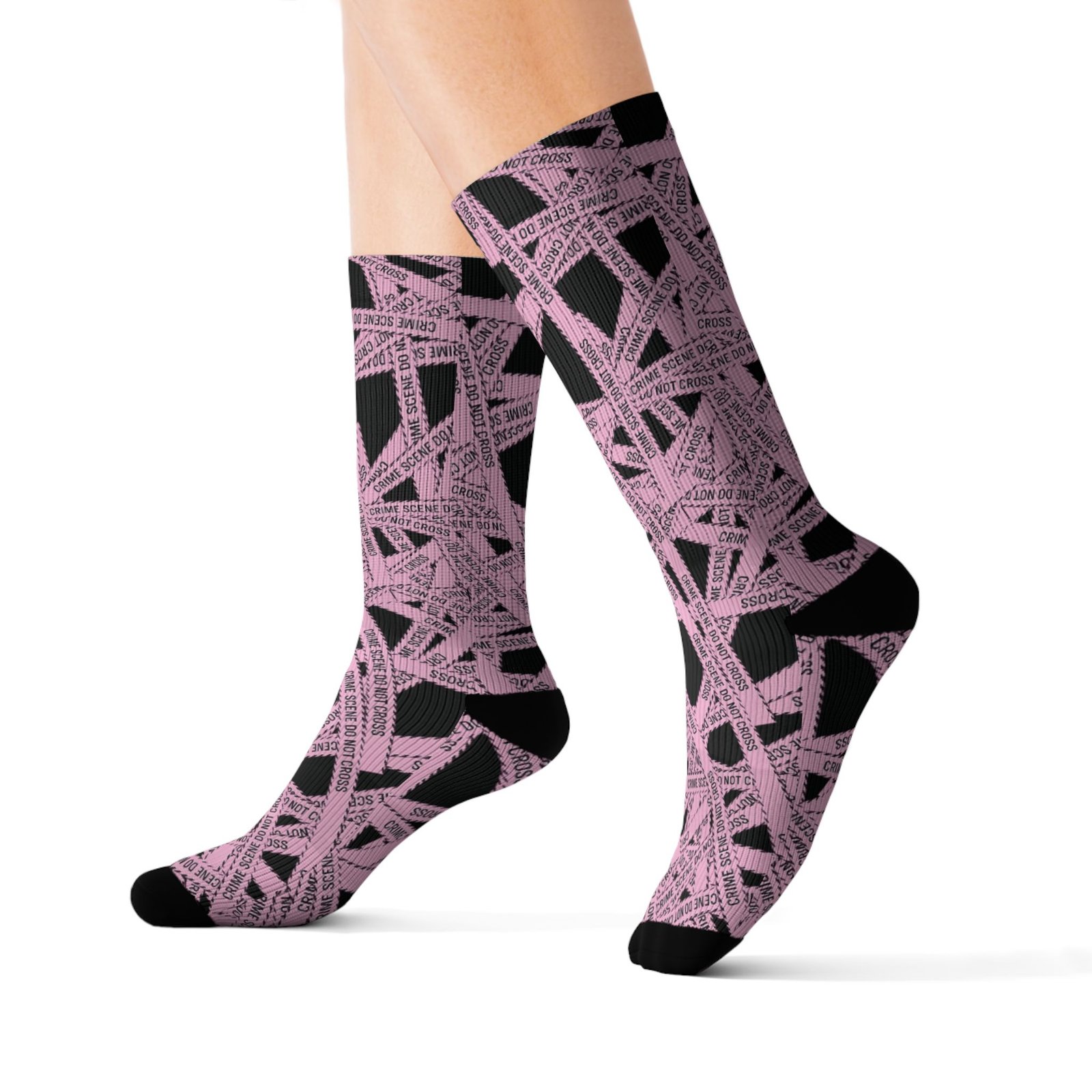 True Crime Scene Tape Pattern Socks - Black & Light Pink Novelty Crew Socks - Image 8