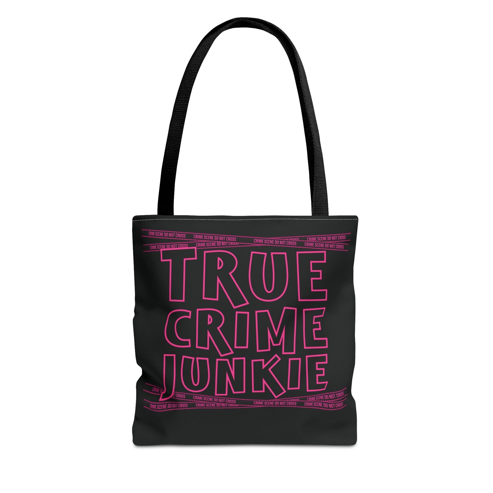 Tote Bag - Pink on Black - 'True Crime Junkie' - 'Crime Scene' and 'Do Not Cross' on True Crime Scene Tape