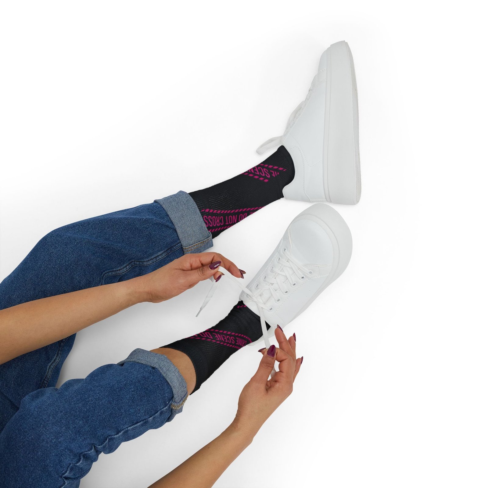 True Crime Scene Tape Socks - Black & Pink Novelty Crew Socks - Image 10