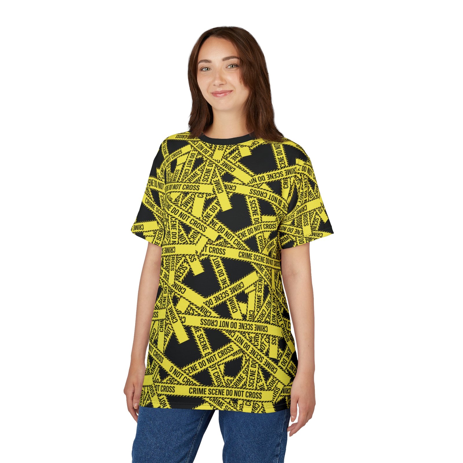 True 'Crime Scene' Tape Pattern Tee - Yellow and Black 'Do Not Cross' All-Over Print T-Shirt - Image 3