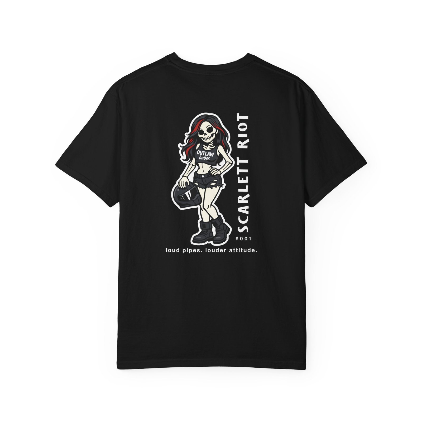 Tee - 'loud pipes.louder attitude.' - Scarlett Riot #001 - Small Chest - Large Back Design - Comfort Colors 1717 - Outlaw Babes T-Shirt - Image 2