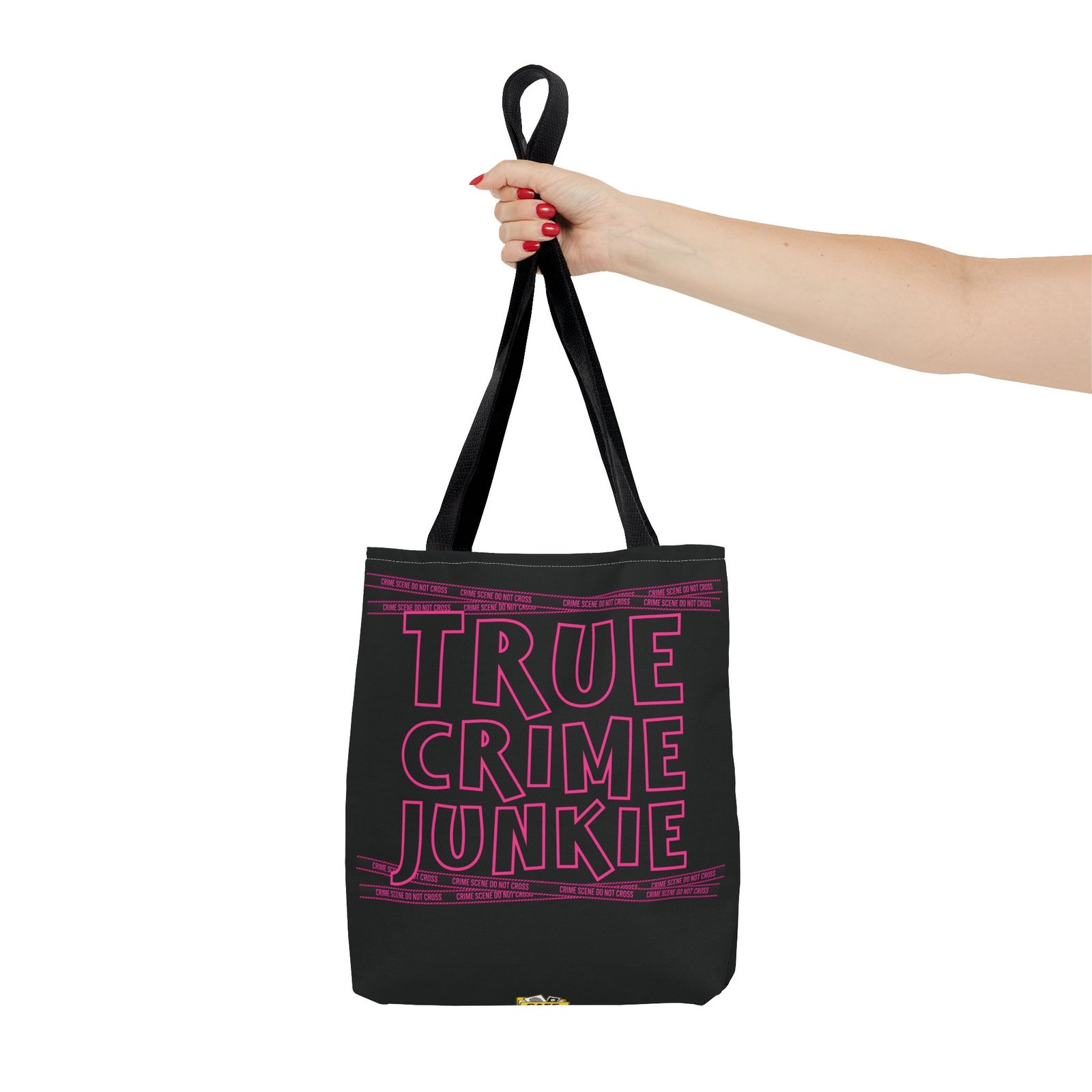 Tote Bag - Pink on Black - 'True Crime Junkie' - 'Crime Scene' and 'Do Not Cross' on True Crime Scene Tape - Image 3