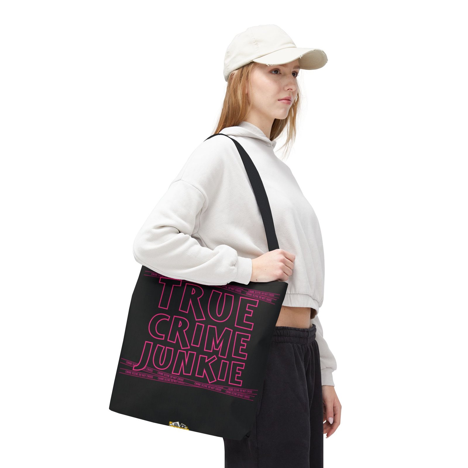Tote Bag - Pink on Black - 'True Crime Junkie' - 'Crime Scene' and 'Do Not Cross' on True Crime Scene Tape - Image 9