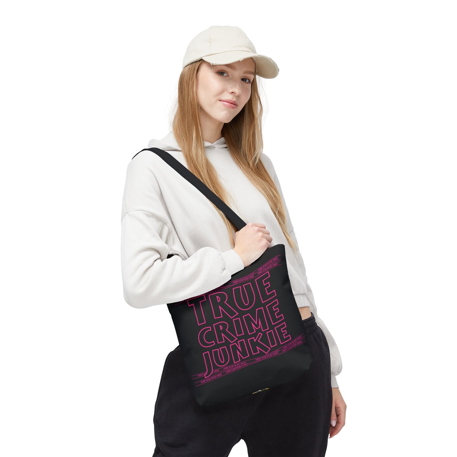 Tote Bag - Pink on Black - 'True Crime Junkie' - 'Crime Scene' and 'Do Not Cross' on True Crime Scene Tape - Image 4