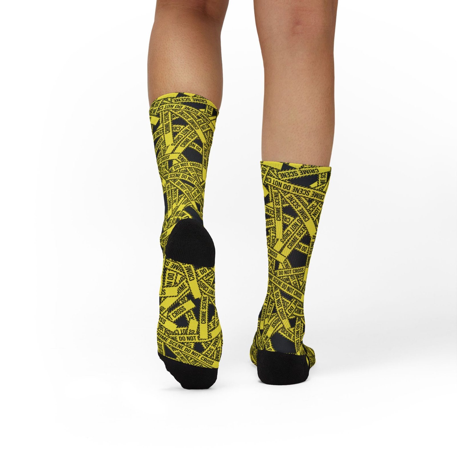 True Crime Scene Tape Pattern Socks - Black & Yellow Novelty Crew Socks - Image 2