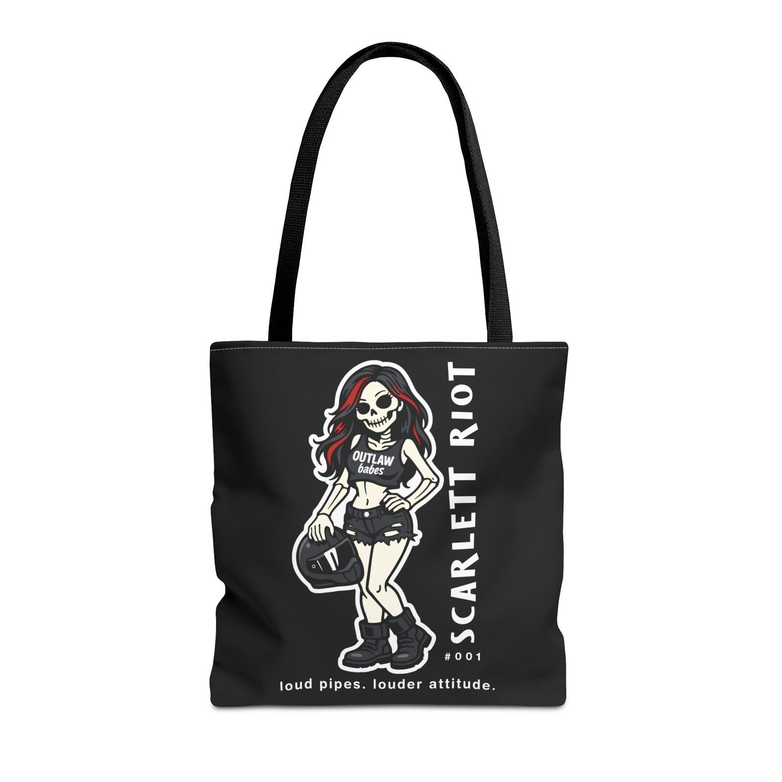 Tote Bag - Scarlett Riot #001 - 'loud pipes.louder attitude' - Skeleton Doll Wearing a Ball Cap - Collectible