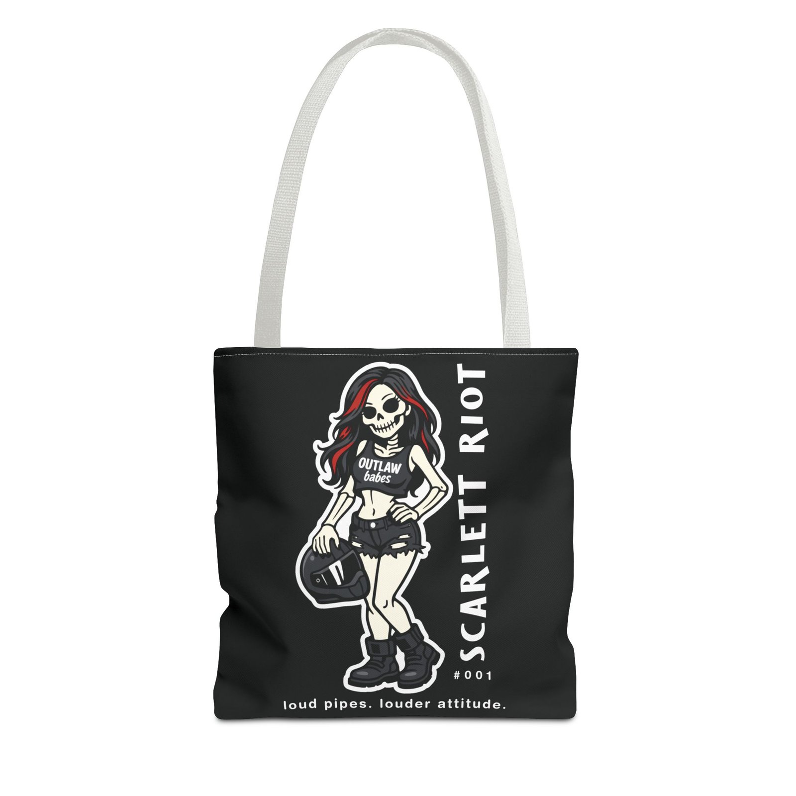 Tote Bag - Scarlett Riot #001 - 'loud pipes.louder attitude' - Skeleton Doll Wearing a Ball Cap - Collectible - Image 6