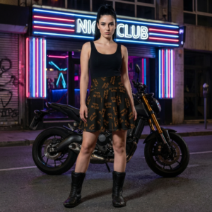 Outlaw Babes Skater Skirt - Black & Orange All-Over Print