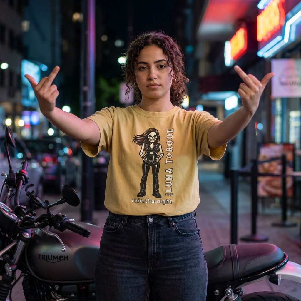 Luna Torque #001 - Skeleton Girl Collectible Tee - "ride.the.night" - Comfort Colors 1717 - Outlaw Babes T-Shirt