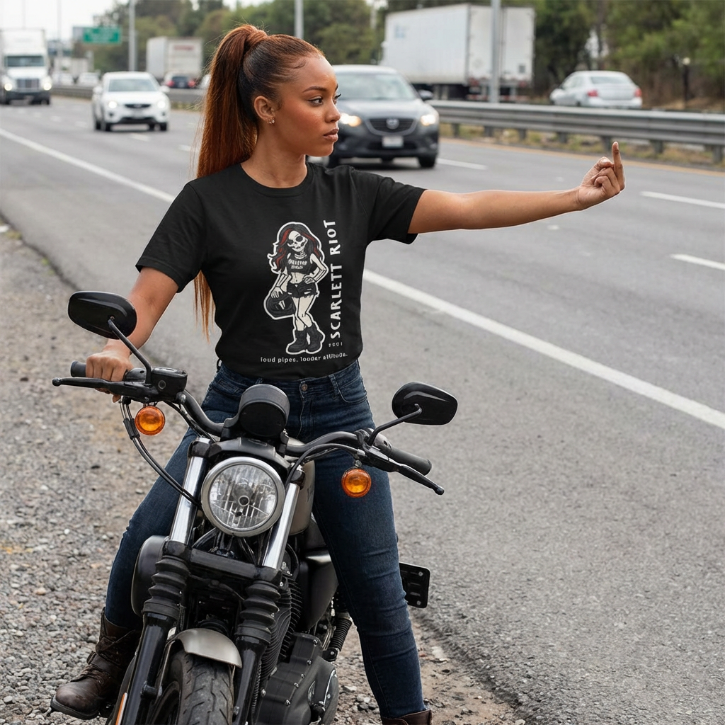 Scarlett Riot #001 - Motorcycle T-Shirt - loud pipes. louder attitude - Skeleton Doll - Collectible Edition