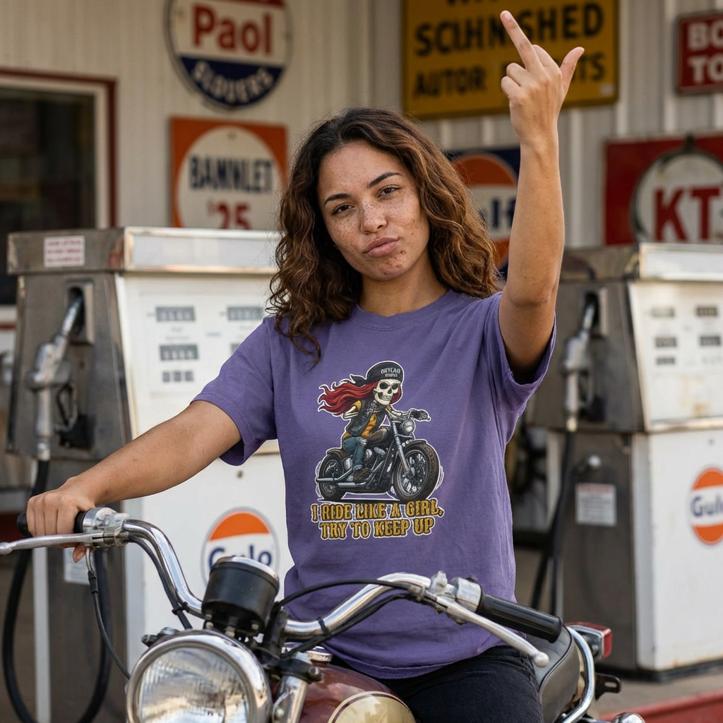 Skeleton Girl Tee - 'I Ride Like a Girl, Try to Keep Up' - Comfort Colors 1717 - Outlaw Babes T-Shirt