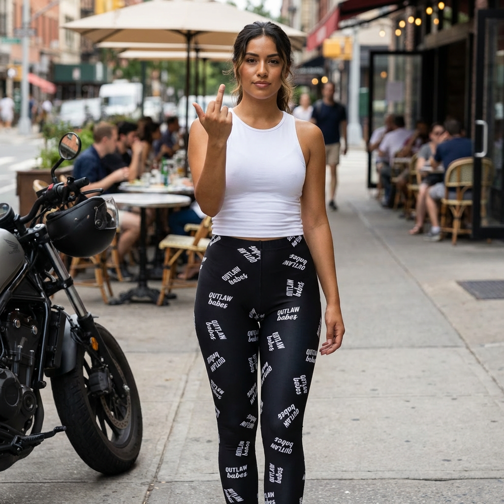 Women's Printed Leggings - Black All-Over with White 'OUTLAW babes' Text Pattern