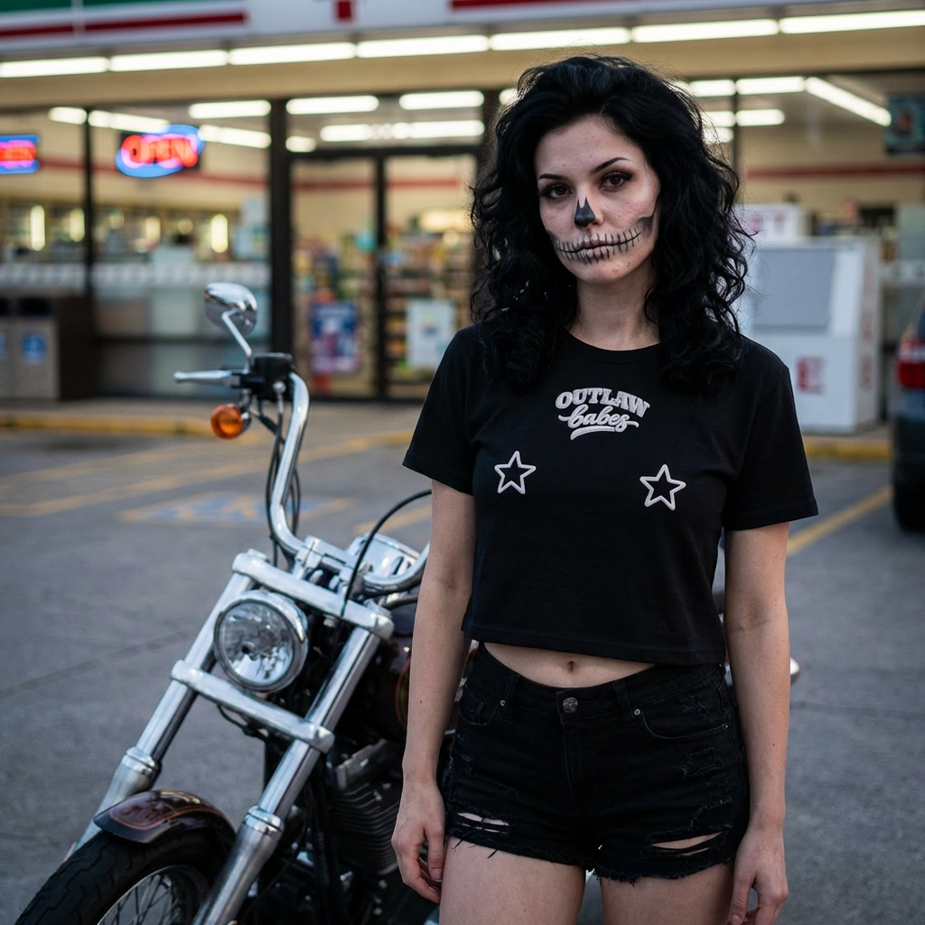 Outlaw Babes Crop Tee - 2 Retro Stars - Embroidered Look - Graphic Cropped Shirt