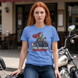 Graffiti T-Shirt - Outlaw Babes - Skeleton Girl Riding Motorcycle - I Ride Like a Girl - Choice of Colors