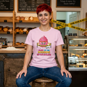 True Crime Scene Pun T-Shirt - Case of the Missing Sprinkles - Pink Cupcake - Choice of Colors - Outlaw Babes