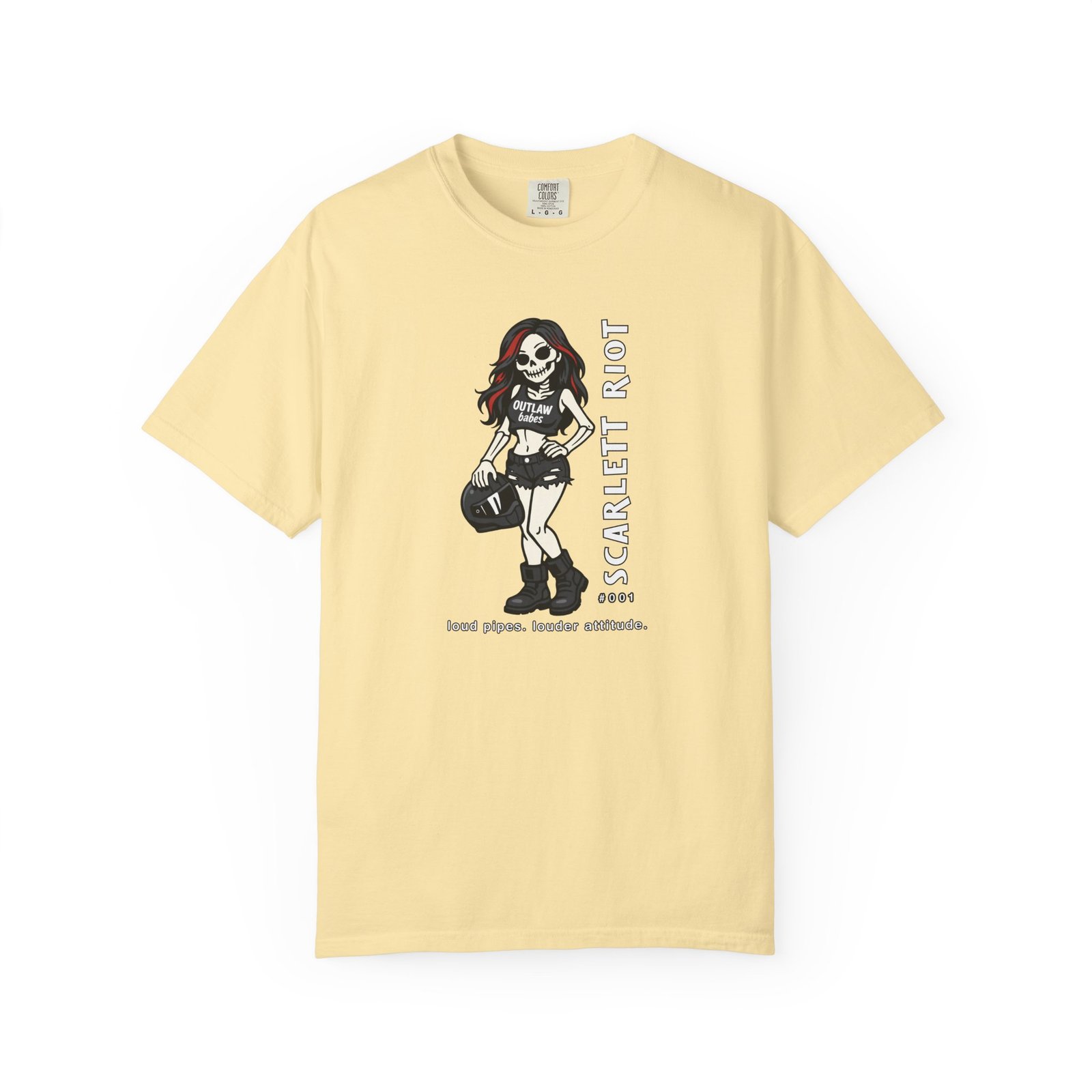Scarlett Riot #001 - Skeleton Girl Collectible Tee - 'loud pipes. louder attitude' - Comfort Colors 1717 - Outlaw Babes T-Shirt - Image 9