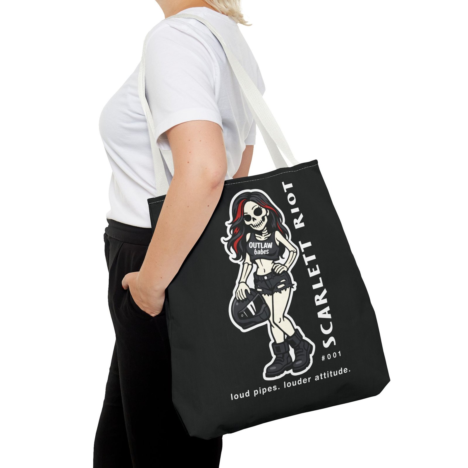 Tote Bag - Scarlett Riot #001 - 'loud pipes.louder attitude' - Skeleton Doll Wearing a Ball Cap - Collectible - Image 15