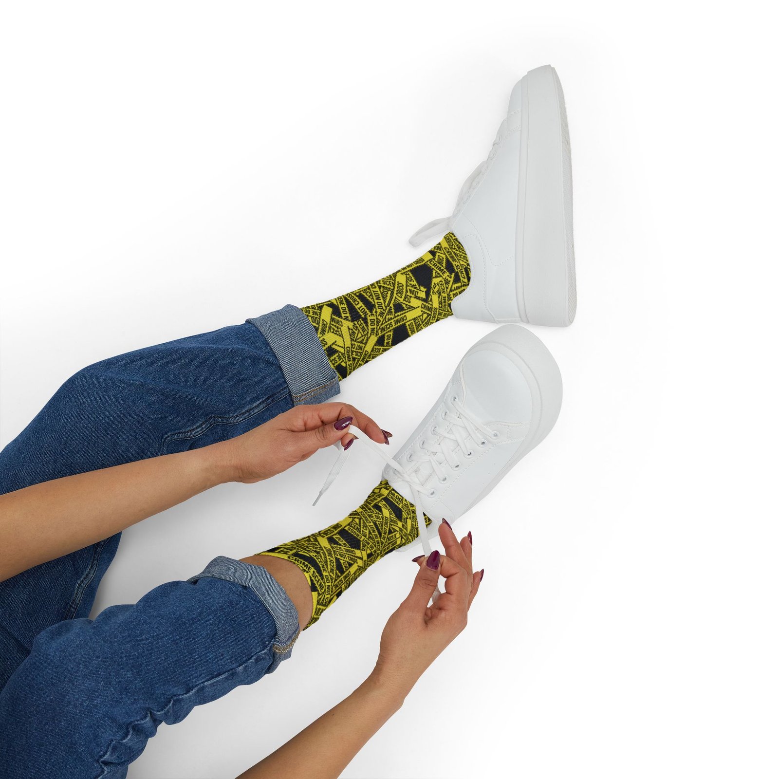 True Crime Scene Tape Pattern Socks - Black & Yellow Novelty Crew Socks - Image 8