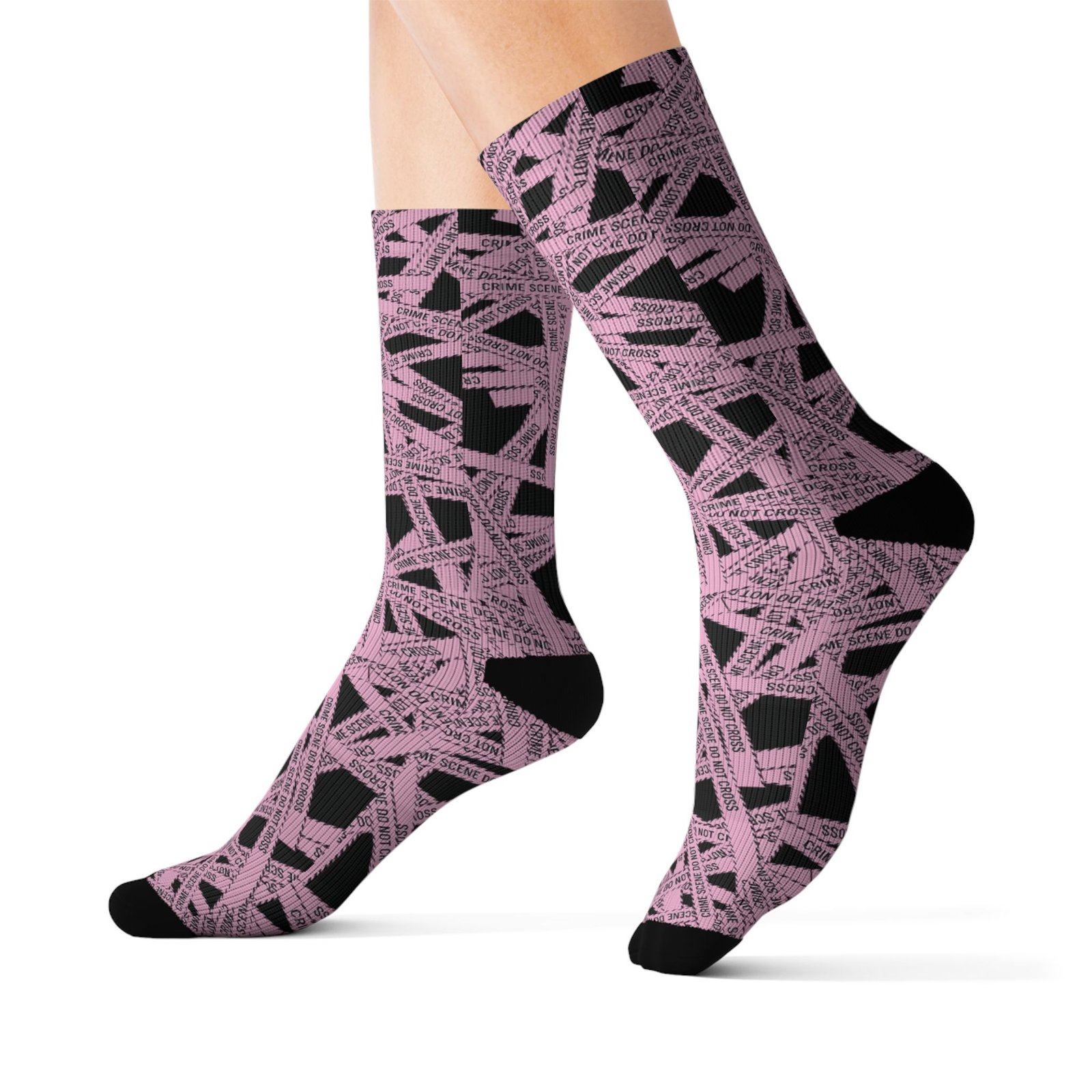 True Crime Scene Tape Pattern Socks - Black & Light Pink Novelty Crew Socks - Image 11