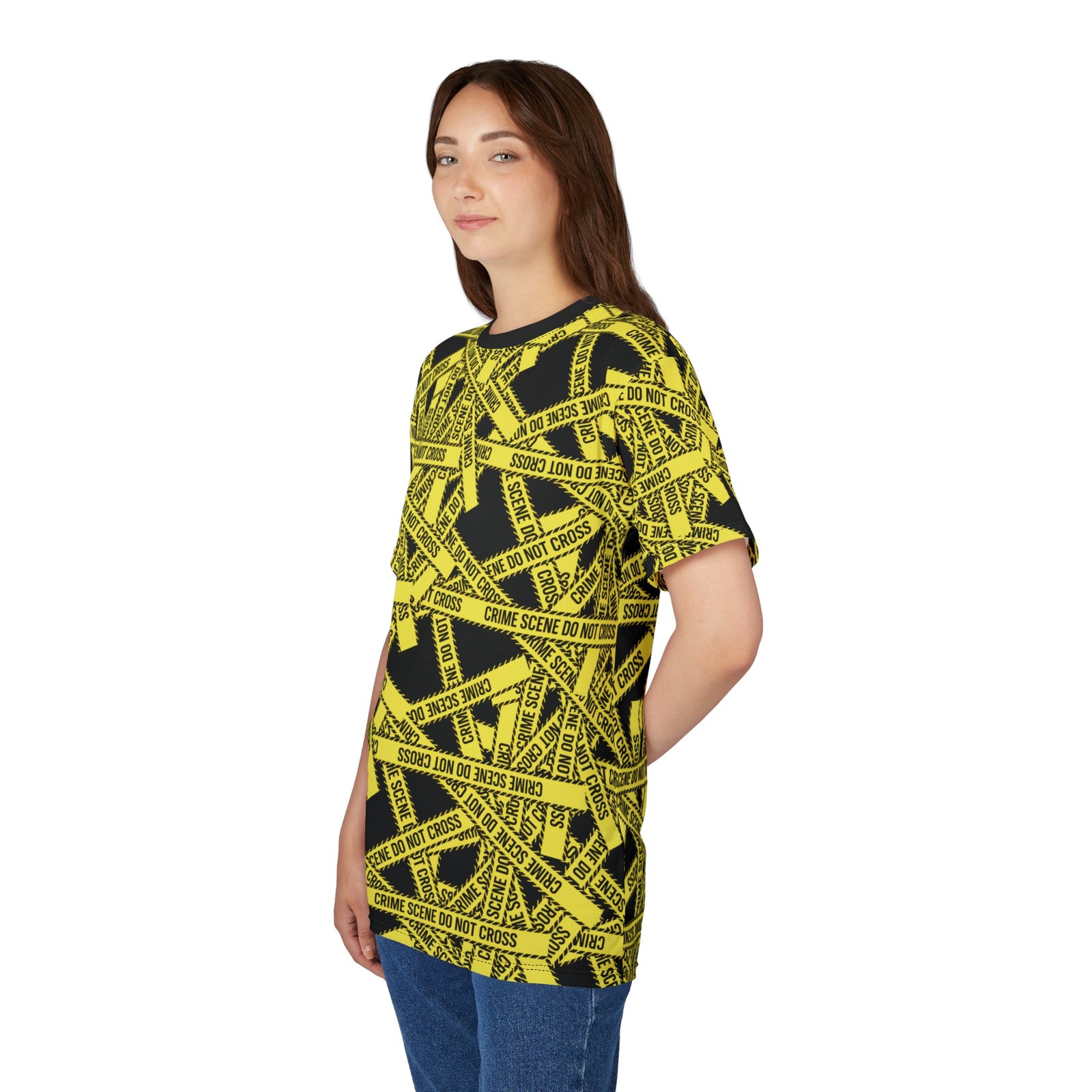 True 'Crime Scene' Tape Pattern Tee - Yellow and Black 'Do Not Cross' All-Over Print T-Shirt - Image 6