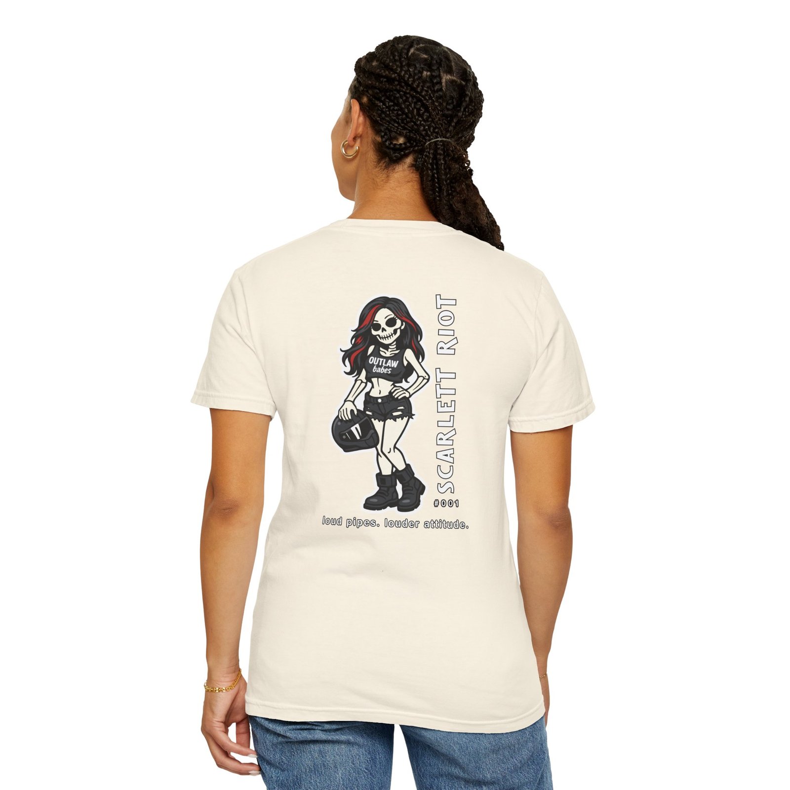 Tee - 'loud pipes.louder attitude.' - Scarlett Riot #001 - Small Chest - Large Back Design - Comfort Colors 1717 - Outlaw Babes T-Shirt - Image 3