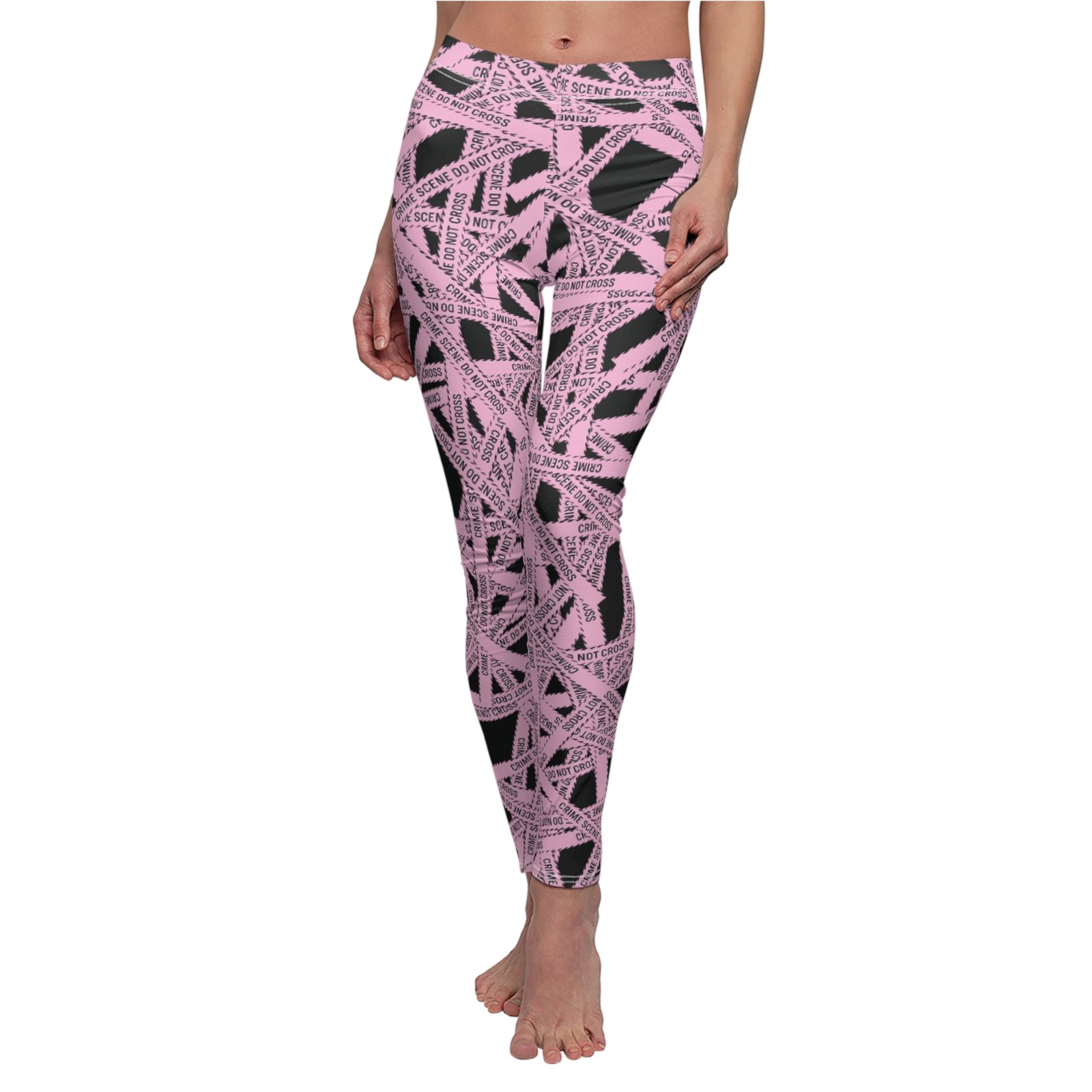 Women's Printed Leggings - Black All-Over with Light Pink True 'Crime Scene' Tape Pattern - 'Do Not Cross' - Image 3
