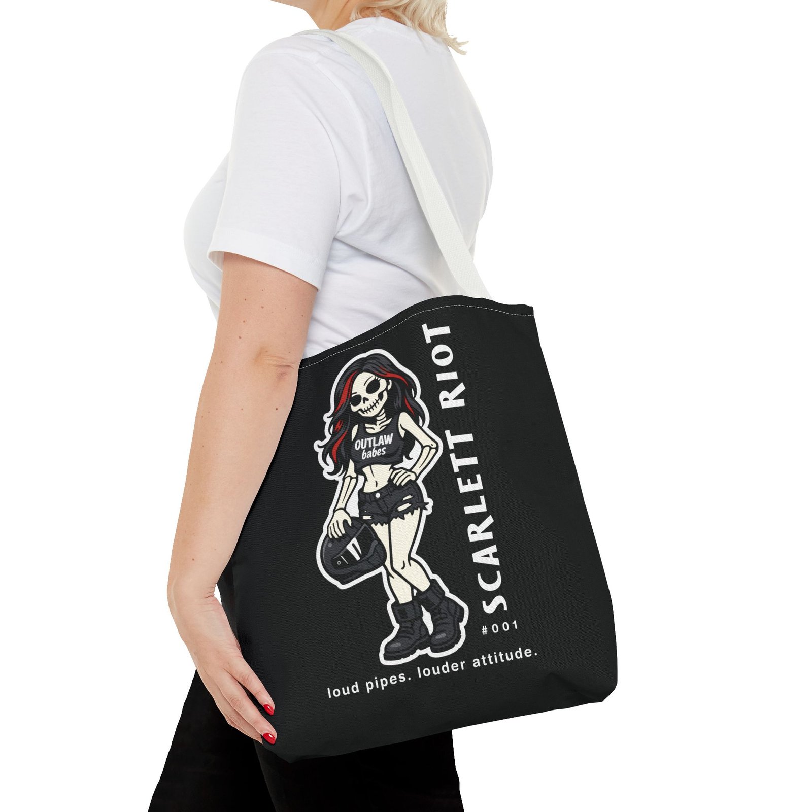 Tote Bag - Scarlett Riot #001 - 'loud pipes.louder attitude' - Skeleton Doll Wearing a Ball Cap - Collectible - Image 11