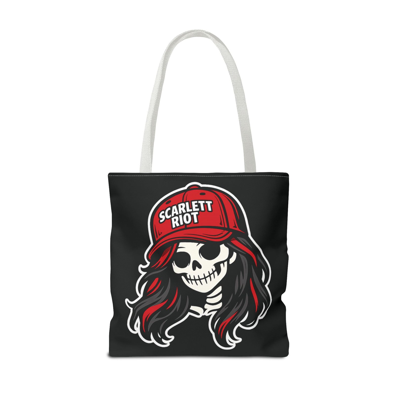 Tote Bag - Scarlett Riot #001 - 'loud pipes.louder attitude' - Skeleton Doll Wearing a Ball Cap - Collectible - Image 3