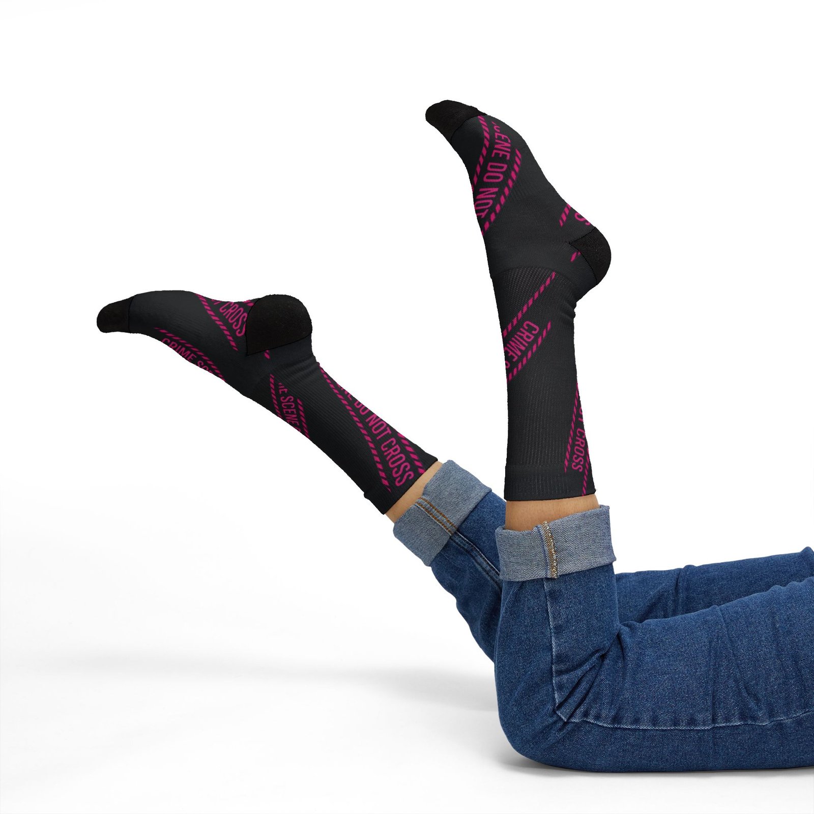 True Crime Scene Tape Socks - Black & Pink Novelty Crew Socks - Image 4