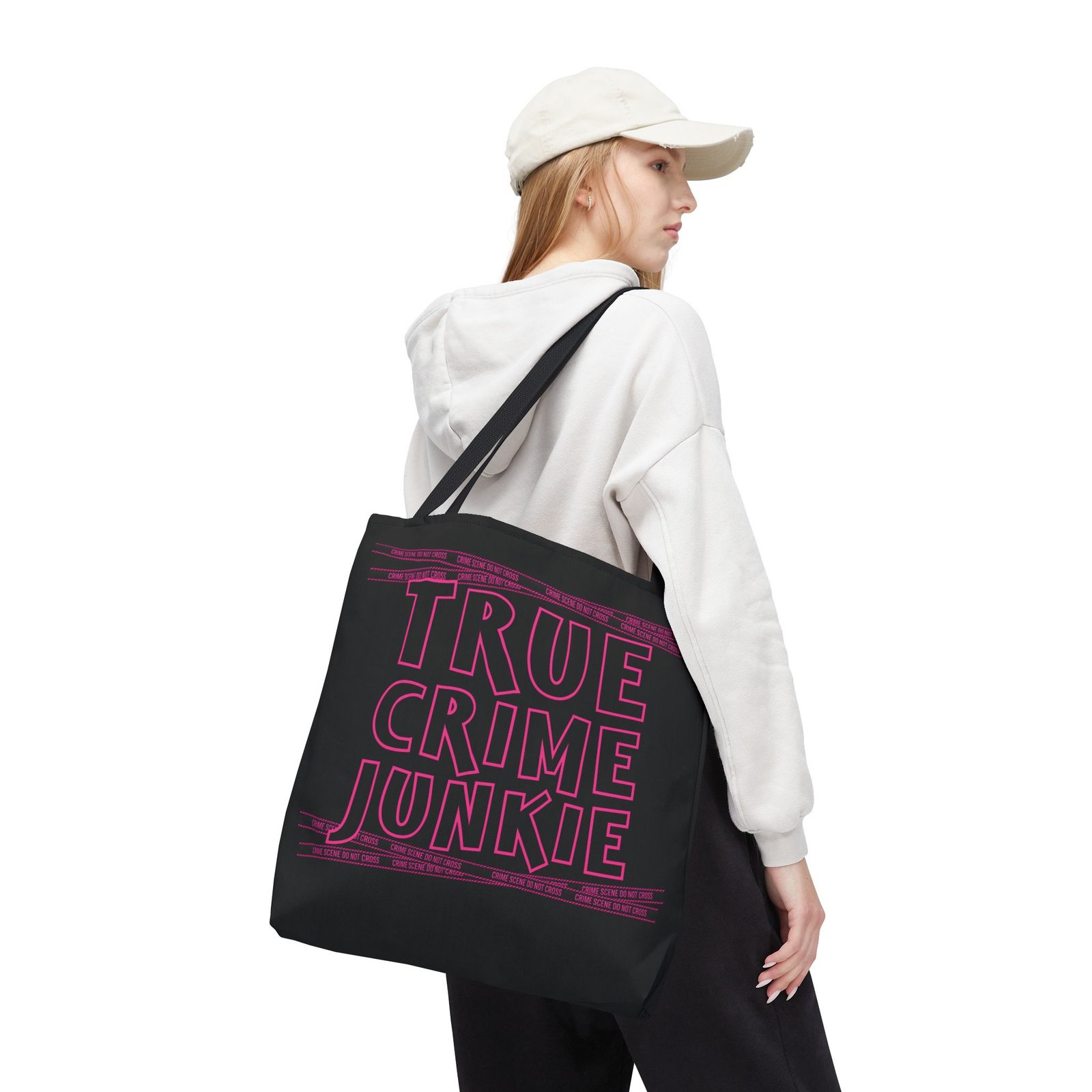 Tote Bag - Pink on Black - 'True Crime Junkie' - 'Crime Scene' and 'Do Not Cross' on True Crime Scene Tape - Image 11