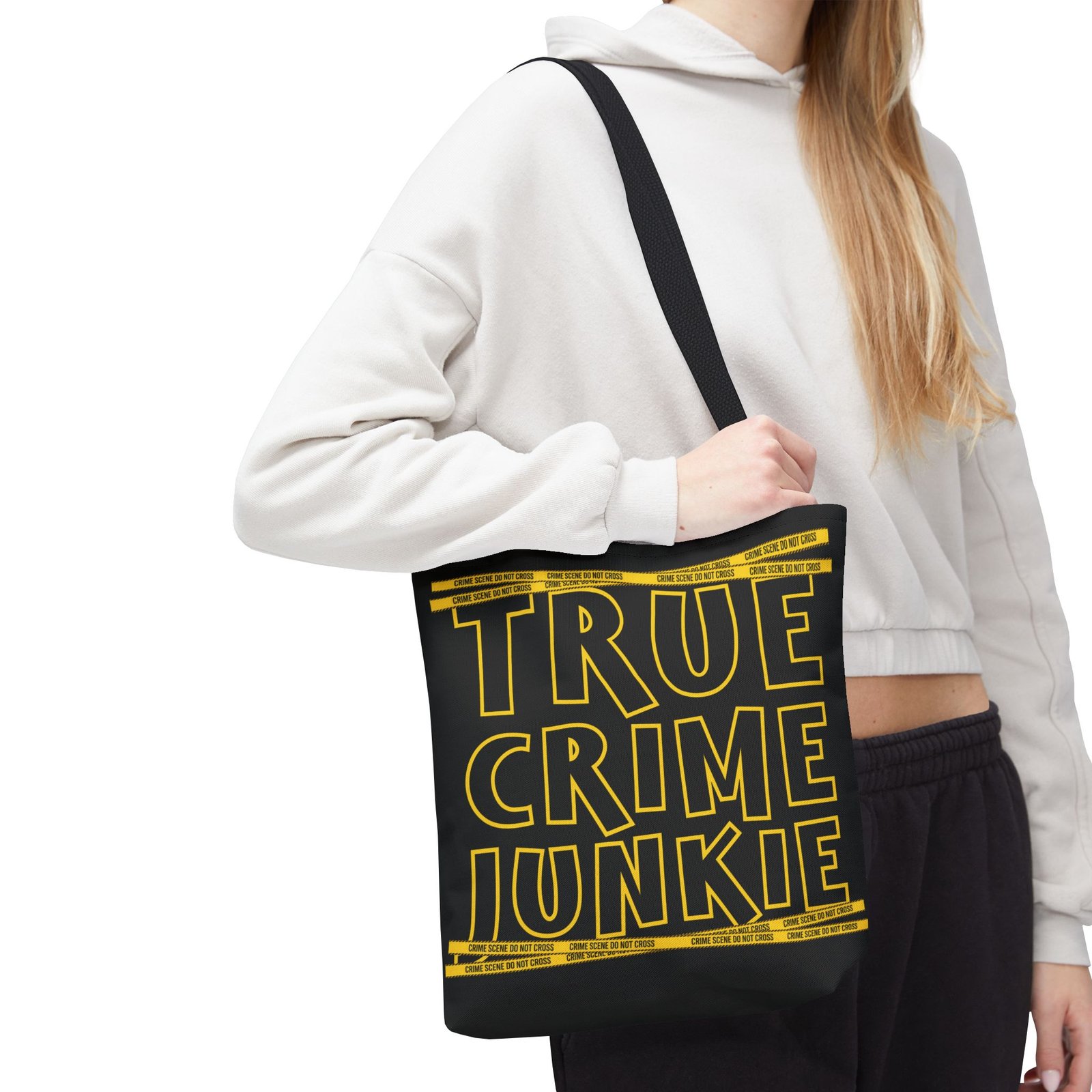 Tote Bag - Yellow on Black - 'True Crime Junkie' - 'Crime Scene' and 'Do Not Cross' on True Crime Scene Tape - Image 2