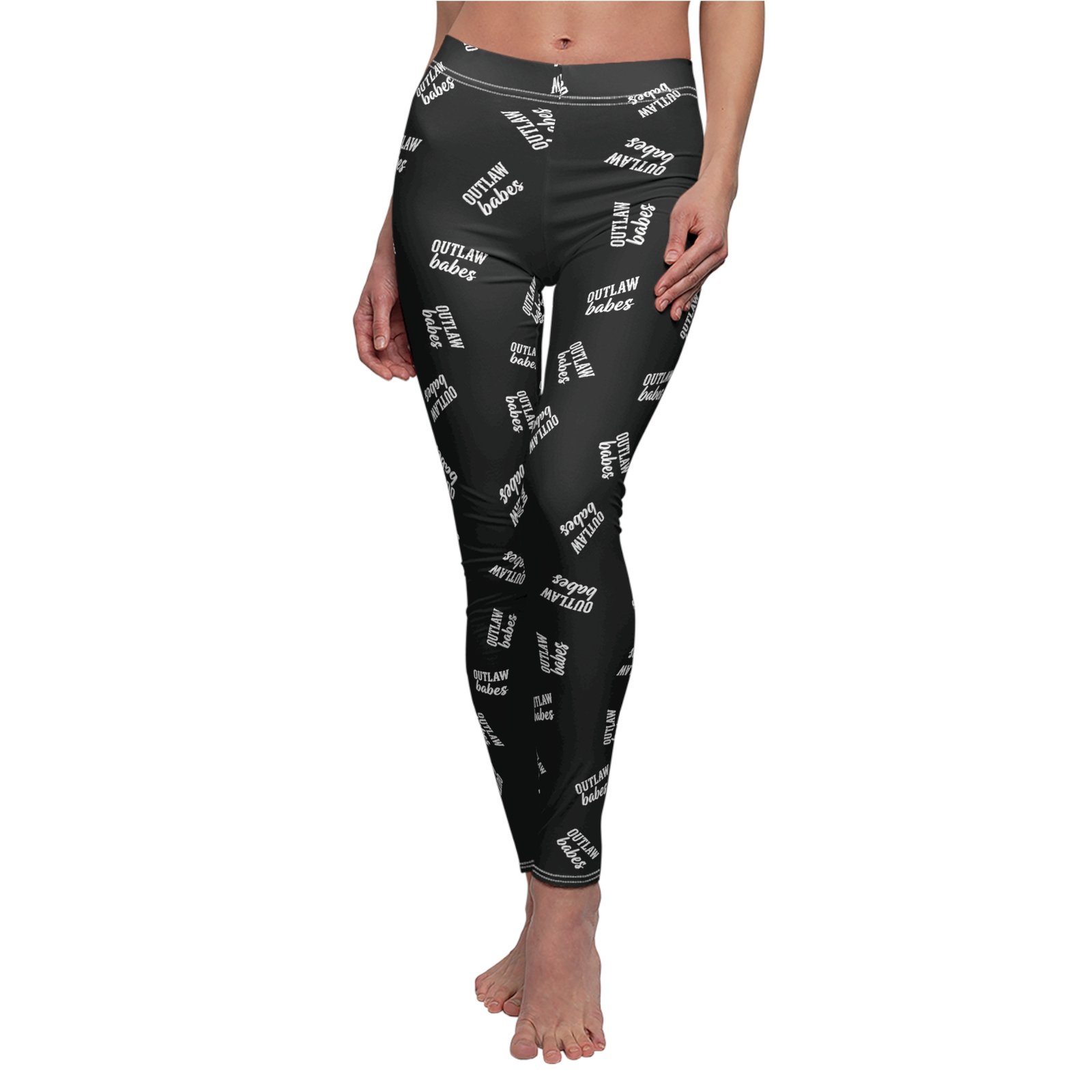Women's Printed Leggings - Black All-Over with White 'OUTLAW babes' Text Pattern - Image 4