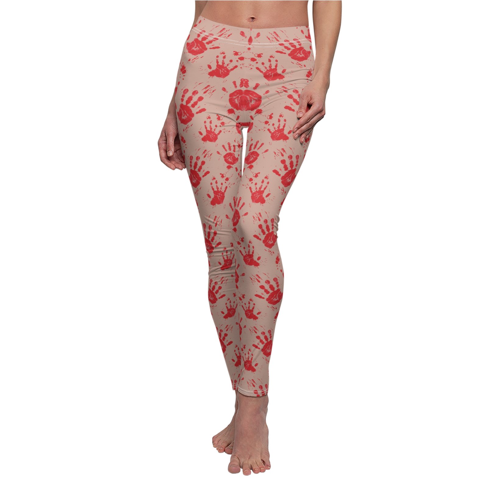 Women's Printed Leggings - Flesh Colored Background with Red Bloody Handprints Pattern - Yoga Pants - Image 3